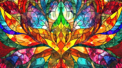 Colorful stained glass window with abstract floral pattern. Computer generated graphics.