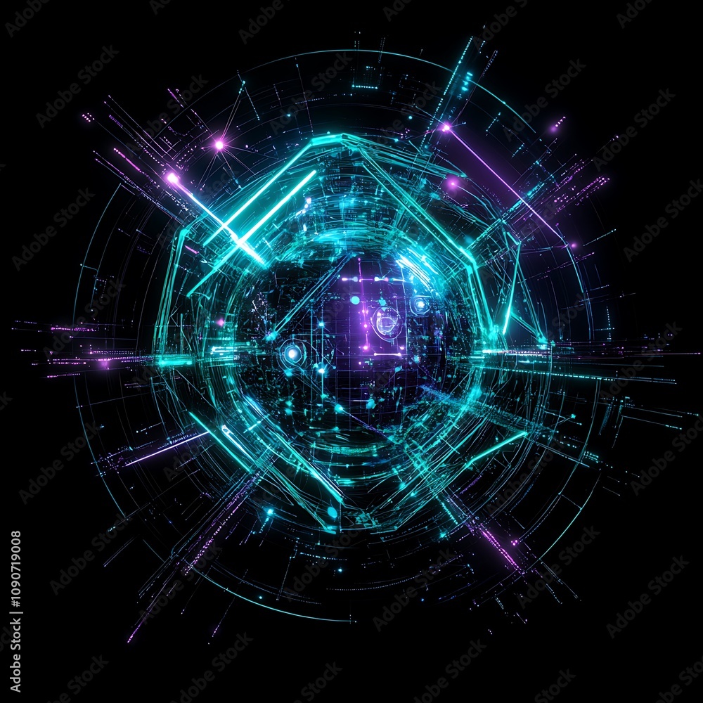 Poster futuristic abstract digital sphere with glowing lines and particles in neon colors, representing tec
