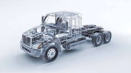 Transparent 3D model of a semi-truck chassis, showcasing its internal structure and components. Generative ai