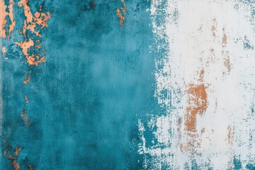 Obraz premium A textured abstract background with teal and white colors, featuring rustic copper accents.