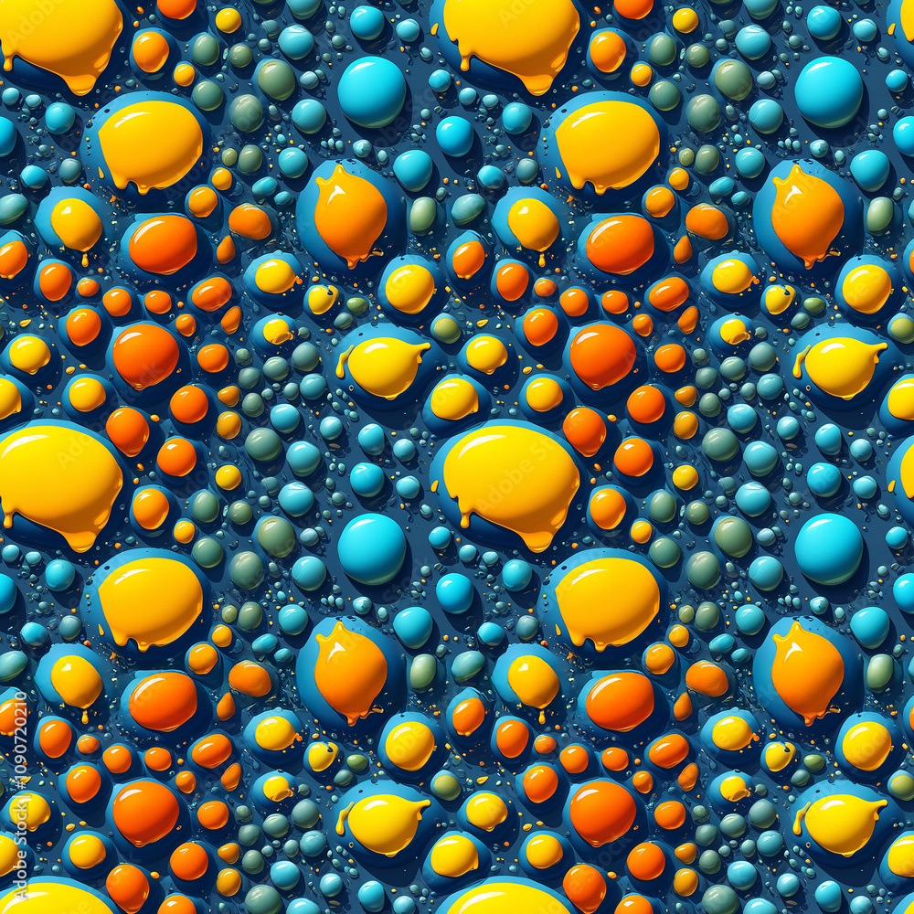 Poster colorful droplets create a vibrant abstract pattern on a deep blue background