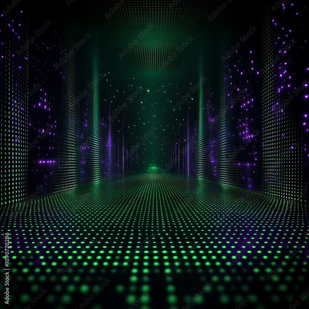 Poster futuristic abstract space with glowing green and purple lights creating a mesmerizing digital tunnel