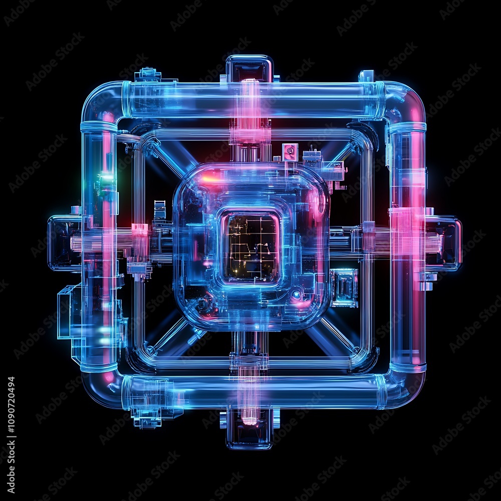 Poster futuristic abstract structure with glowing neon pipes and geometric shapes in a dark background, rep
