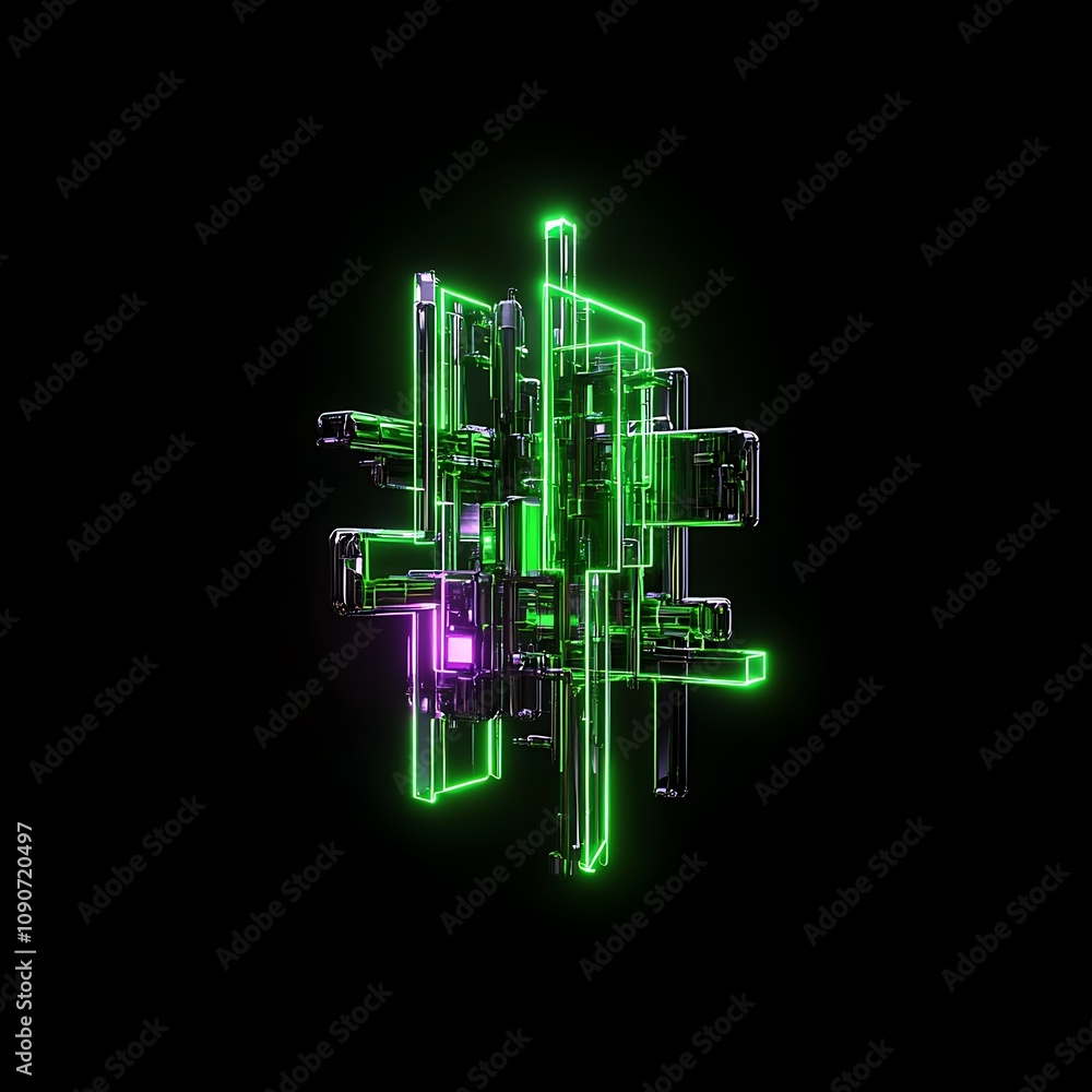 Poster futuristic abstract structure with neon colors and geometric shapes illuminating against a dark back