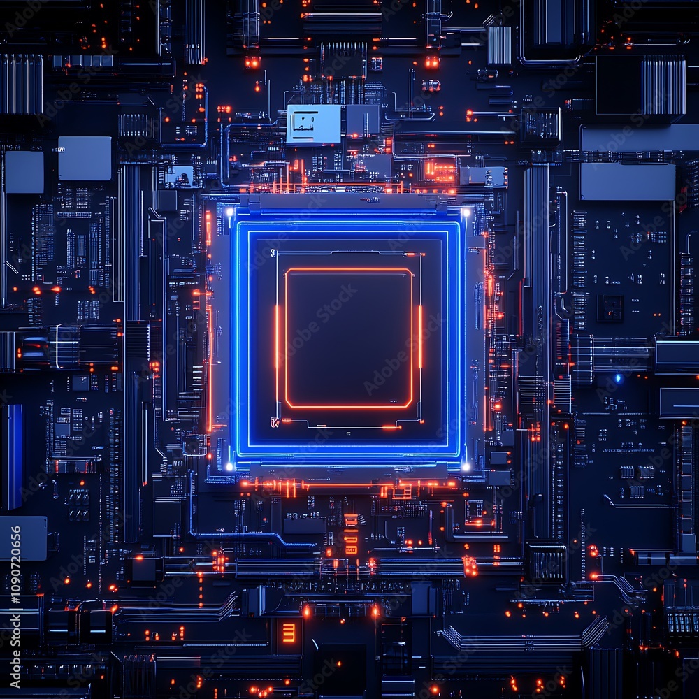 Poster futuristic abstract technology background featuring a central processor in a complex circuit board d