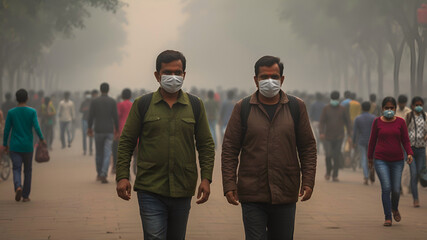 Indian men walking on the street wearing mask.	