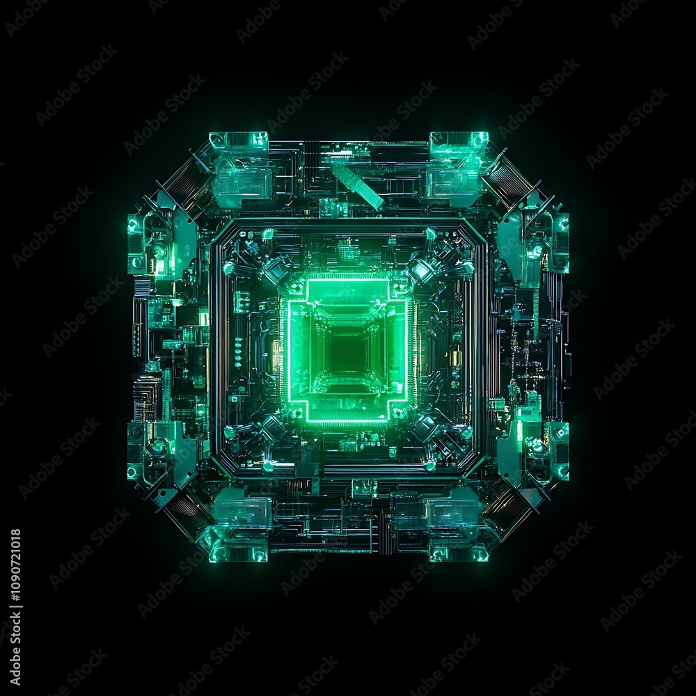 Poster futuristic abstract technology concept featuring a complex circuit board design with a central neon 