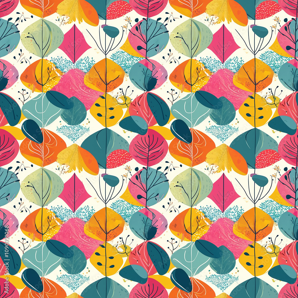 Poster vibrant abstract design featuring colorful shapes and botanical elements in harmony