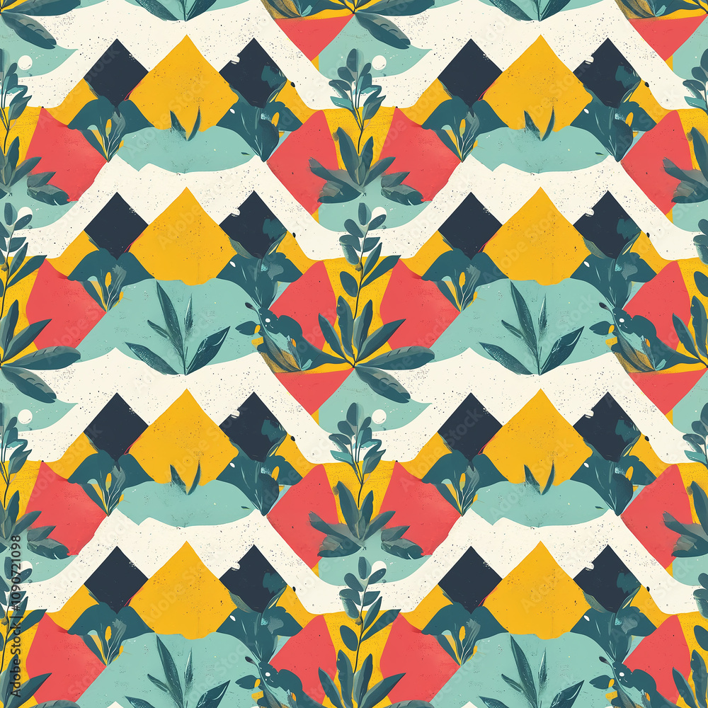 Poster vibrant geometric patterns adorned with natural elements create a lively artistic display