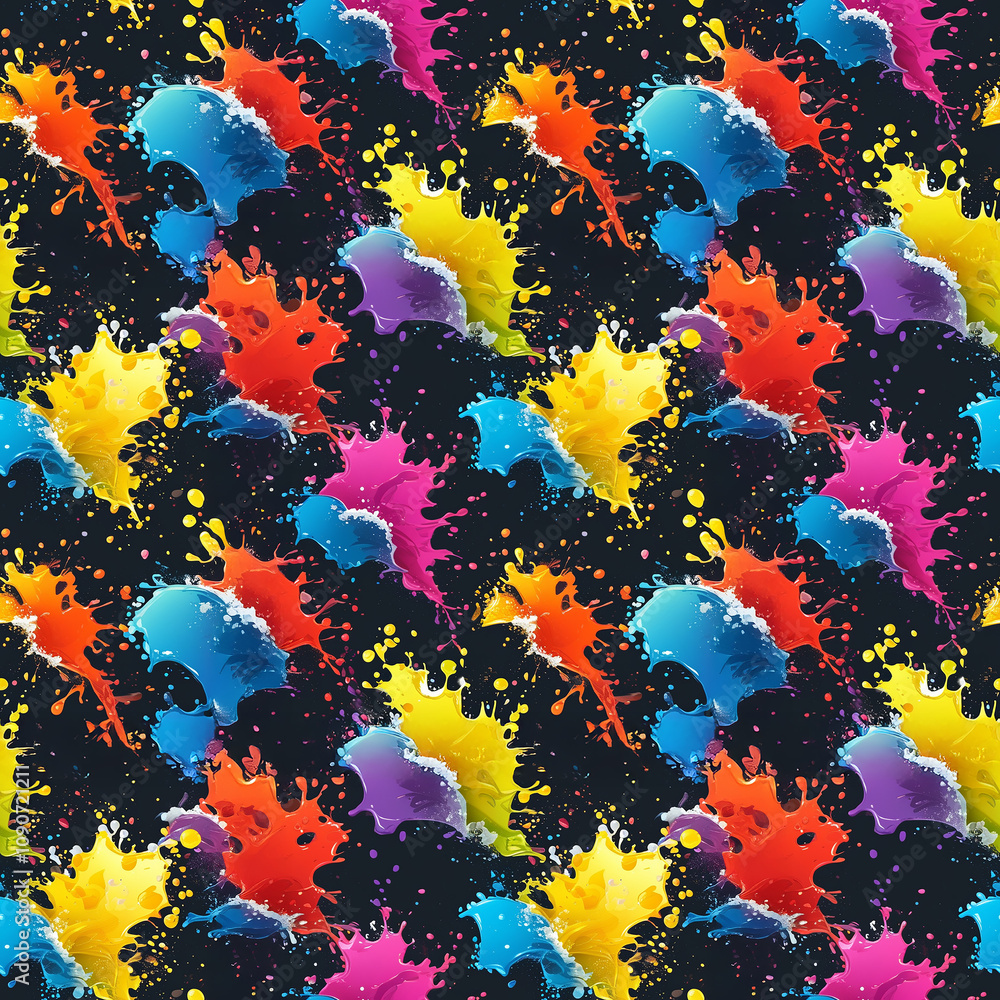 Poster colorful splashes of paint create vibrant patterns on a dark background