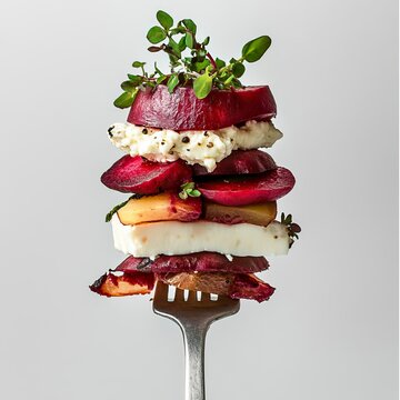 A stack on a fork, Crema commedia dell'artechoke, gorgonzola, and beets on a white background, food photography in a minimalist style, generative ai