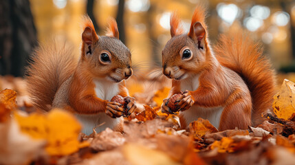 Two red squirrels sharing acorns among fallen autumn leaves in forest