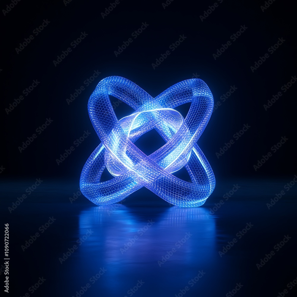 Poster futuristic blue neon light design on a dark background with abstract twisting shape creating dynamic
