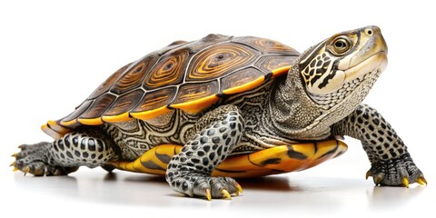 Obraz premium Captivating Diamondback Terrapin on White Background â€“ Nature Photography, Wildlife, Reptile, Aquatic Species, Turtle, Endangered Species,