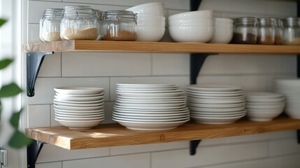 Rustic kitchen shelves bathed in sunlight display neatly stacked white crockery and jarred grains, creating a warm and inviting atmosphere.