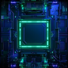 Fototapeta premium Futuristic Circuit Board Background with Green and Blue Neon Lights Emphasizing a Central Square for Technology and Digital Themes