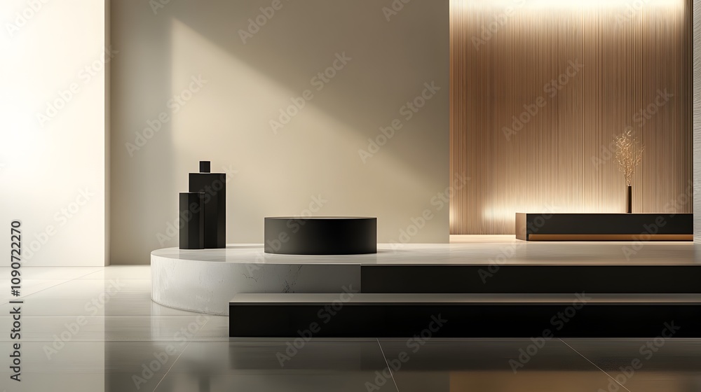 Poster 62. a clean, simple podium with a glossy surface, set in a minimalist environment with room for a pr