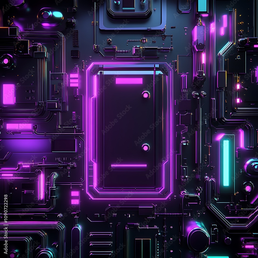 Poster futuristic circuit board design with glowing neon elements and intricate patterns, perfect for techn