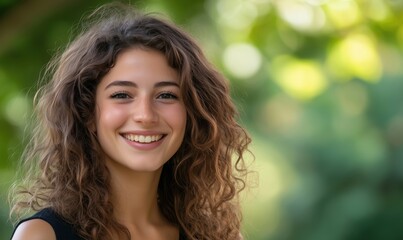 Obraz premium Smiling young woman with curly hair, natural background, bright smile, outdoor portrait
