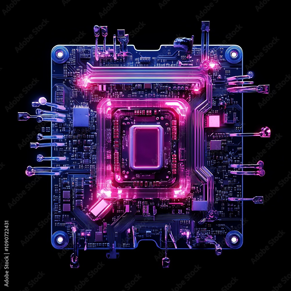Poster futuristic circuit board design with neon lights and complex patterns featuring a central processor 