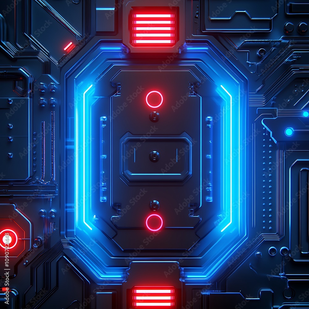Poster futuristic circuit board design with neon lights and a high-tech aesthetic for digital applications 