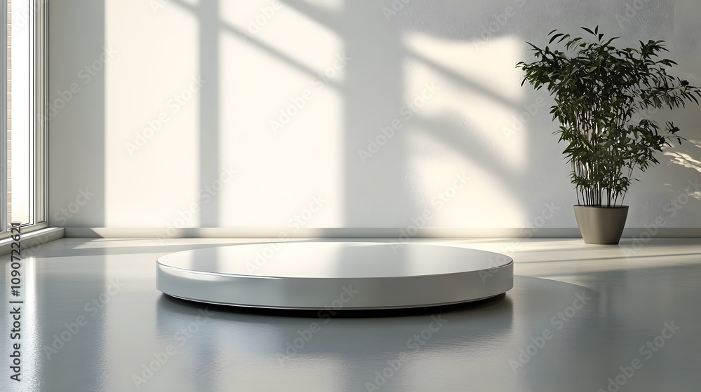 Poster 62. a clean, simple podium with a glossy surface, set in a minimalist environment with room for a pr