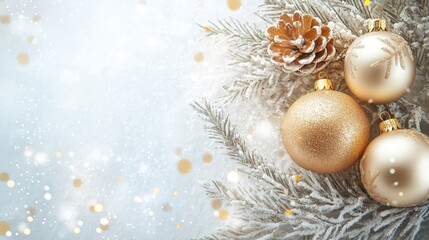 Sparkling golden ornaments and a pinecone are arranged among frosted evergreen branches, creating a cozy festive atmosphere for the winter season. Soft snowflakes enhance the scene.