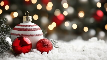 Red and white ornaments sit beautifully on a bed of snow, surrounded by a blurred backdrop of colorful Christmas lights, creating a warm holiday atmosphere.