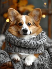 A corgi sits comfortably, wrapped in a soft gray scarf, surrounded by warm fall decorations and gentle indoor lighting, creating a cozy atmosphere.