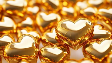 A collection of shiny golden heart shapes fills the frame, radiating warmth and happiness. Each heart reflects light, enhancing the overall cheerful atmosphere of the setting.