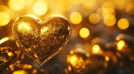 Golden hearts adorned with sparkles reflecting light, creating a warm, romantic atmosphere during a festive celebration