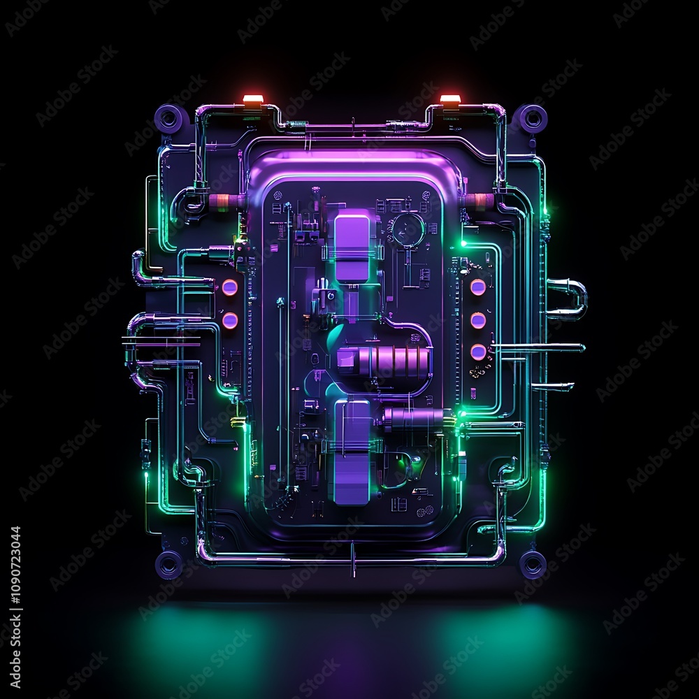 Poster futuristic circuit board with neon lights and complex patterns in a dark environment, ideal for tech