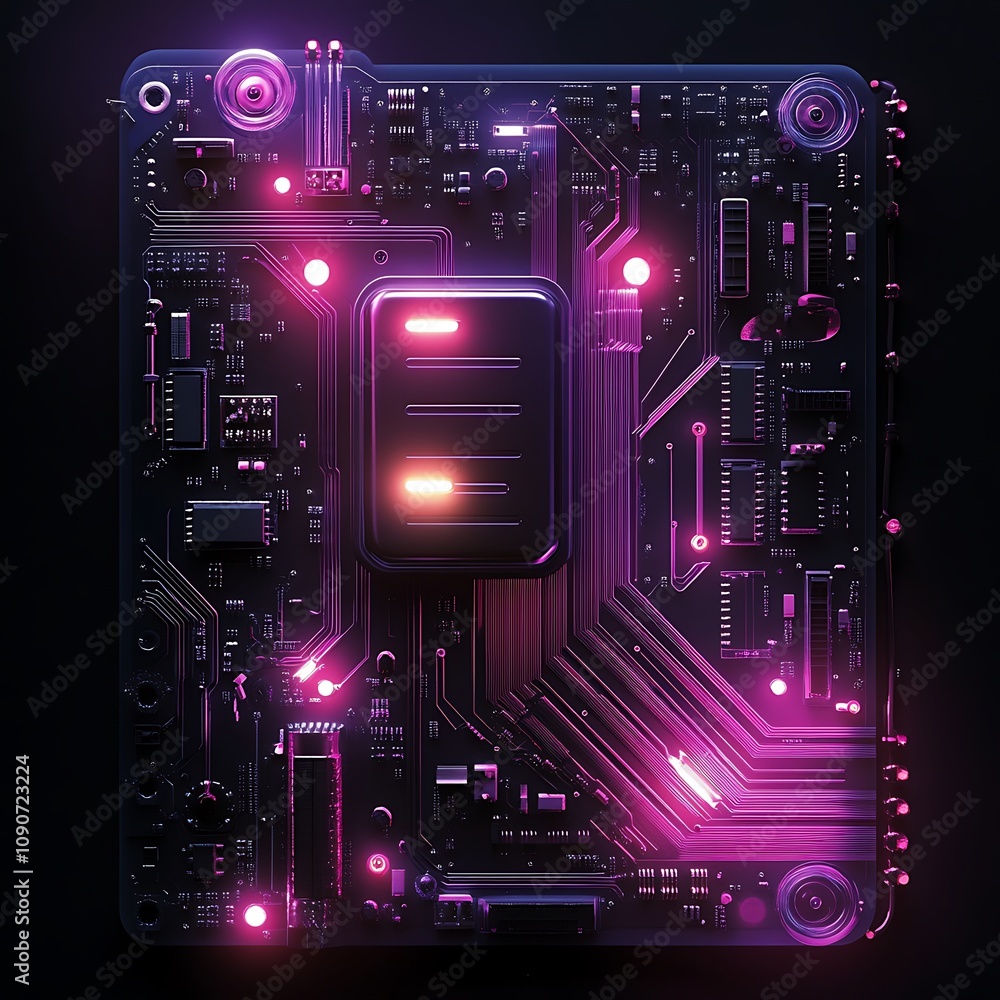 Poster futuristic circuit board with neon lights and high-tech patterns for digital innovation and technolo