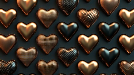 Array of gleaming golden stars with varied textures, each heart reflecting light in different ways. Elegant appearance. Transparent background. copy space