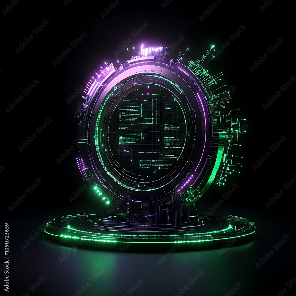 Poster futuristic circular portal with glowing green and purple circuit patterns displaying digital data an