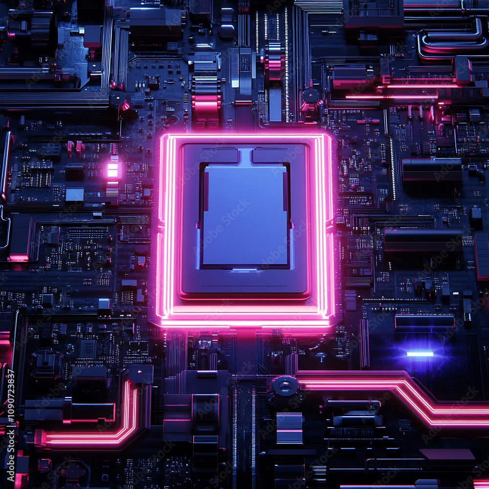 Poster futuristic close-up of a circuit board with neon lights and a central processing unit on a dark back