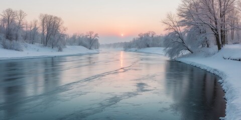 Serene winter landscape with a frozen river and sunrise reflecting on the water surface.