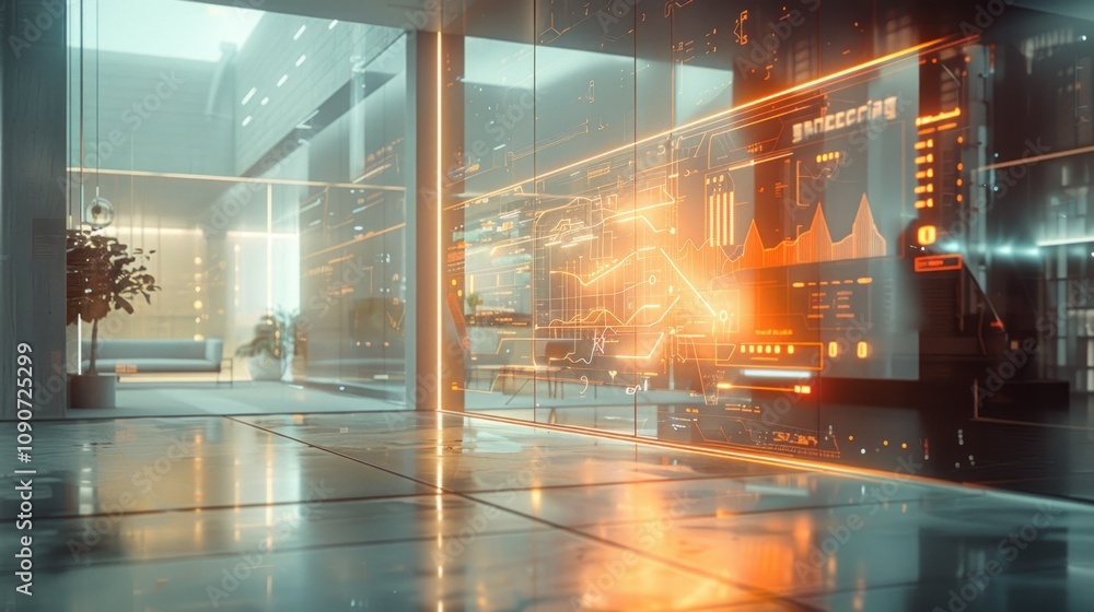 Poster a futuristic office interior with large windows displaying data visualizations.