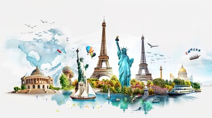 Obraz premium A travel banner mockup with scenic destinations, travel offers, and wanderlust-inducing visuals on a solid white background.