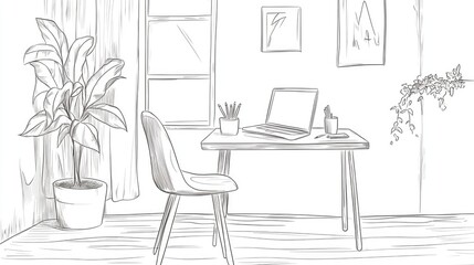 Obraz premium Minimalist continuous line drawing of a workspace featuring a chair laptop table desk and plant 2D cartoon illustration in a hand drawn style