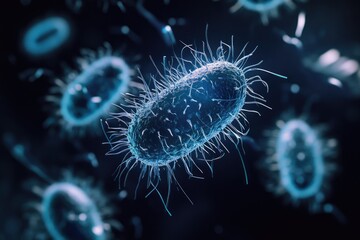 Obraz premium Microscopic view of rod shaped gram positive bacteria surrounded by viruses and bacteria set against a dark backdrop representing pathogens in microbiology