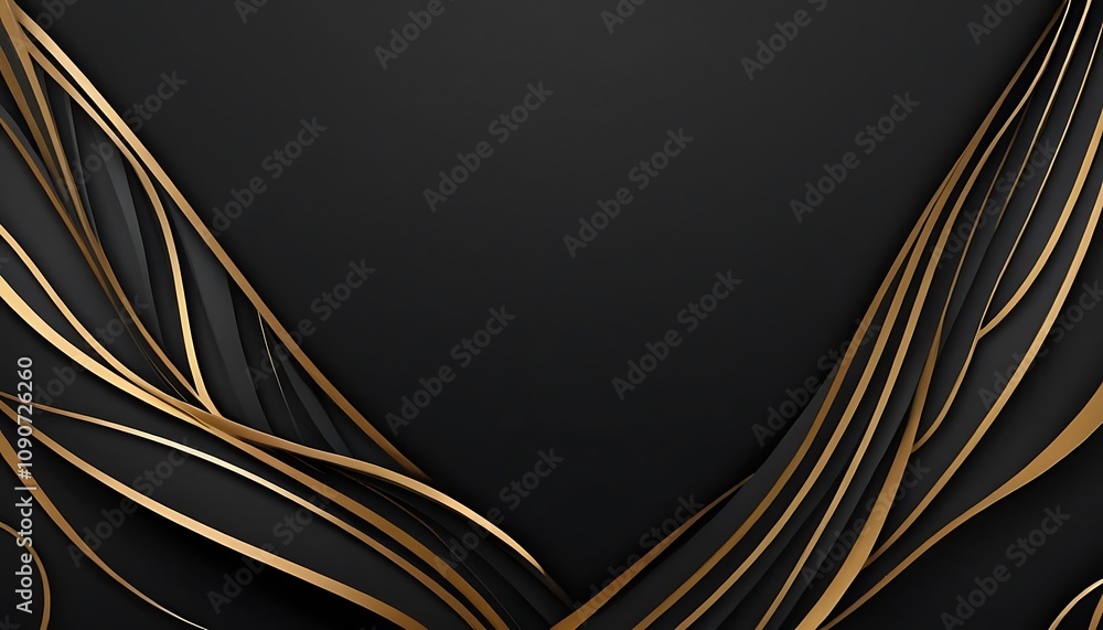 Poster abstract triangle overlapping on black and gold background with glitter and golden lines glowing dot