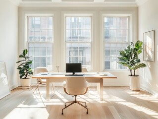 Fototapeta premium Sunlit Modern Office Workspace With Large Windows