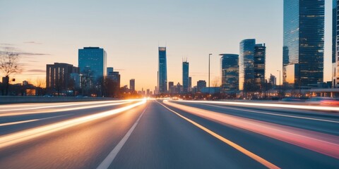 Fototapeta premium Evening Drive Through City Streets at Sunset.