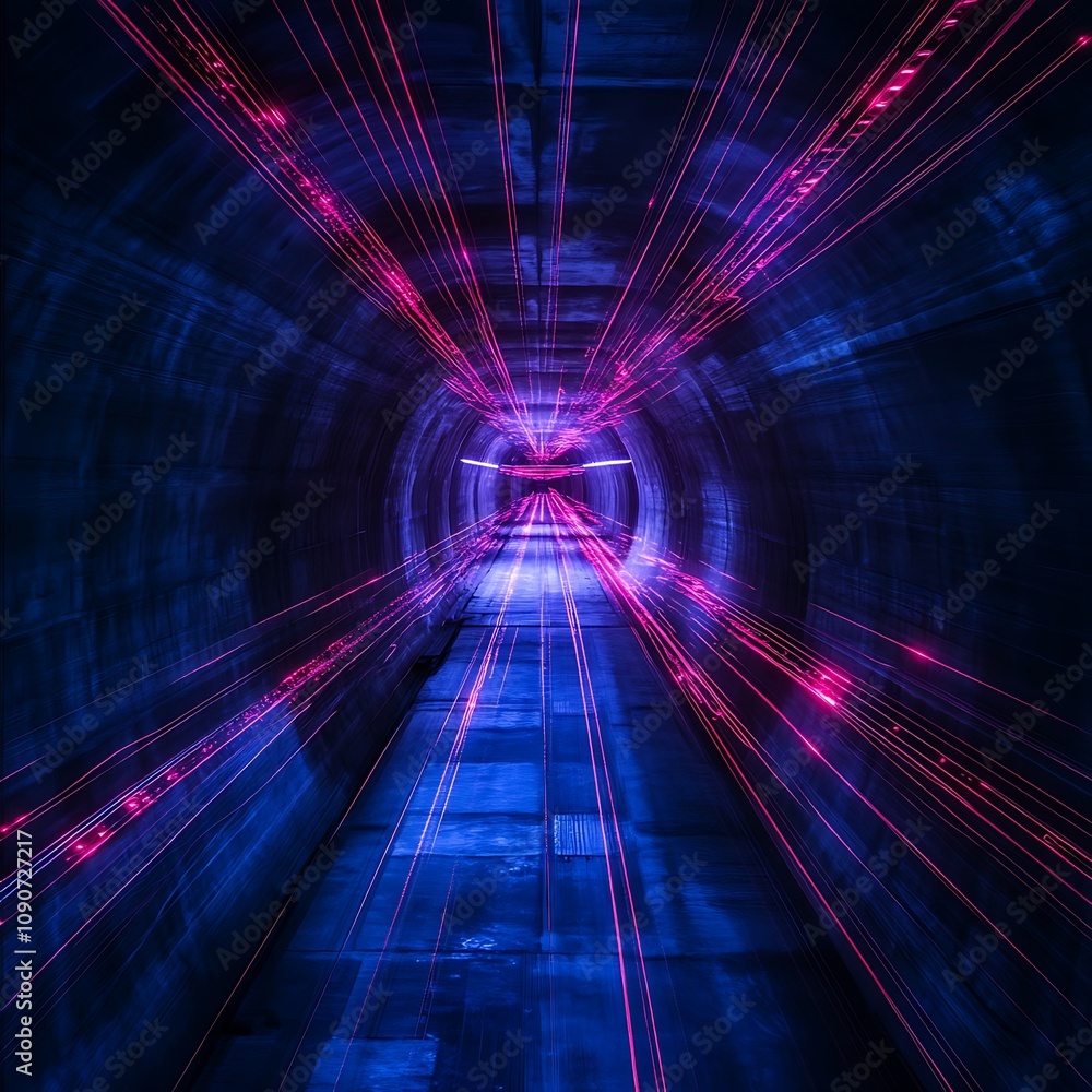 Poster futuristic digital tunnel with vibrant purple and blue lights creating an illusion of speed and moti