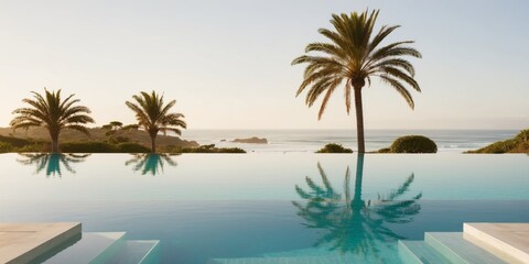 Fototapeta premium A serene infinity pool with stunning landscape views in a coastal setting during bright daylight.