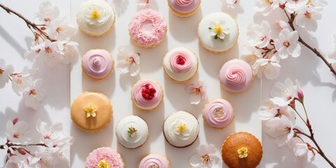 colorful array of elegant pastries surrounded by pink cherry blossoms top view.
