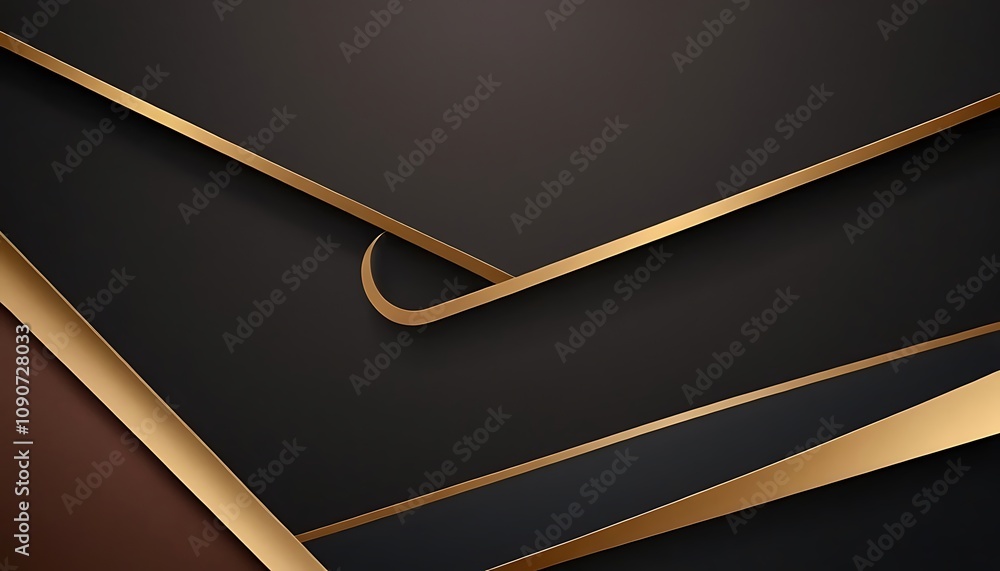 Poster abstract triangle overlapping on black and gold background with glitter and golden lines glowing dot