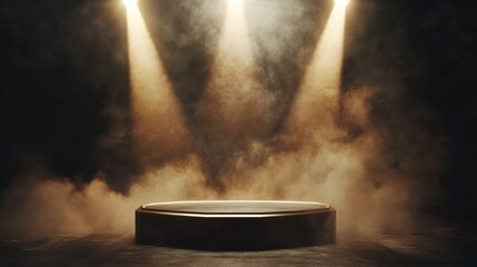 A smokey stage with three lights shining on it