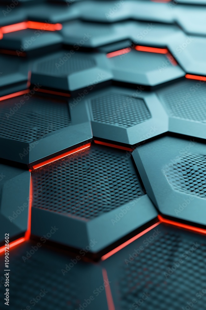 Poster futuristic hexagonal pattern with neon accents on a textured surface for creative technology and des
